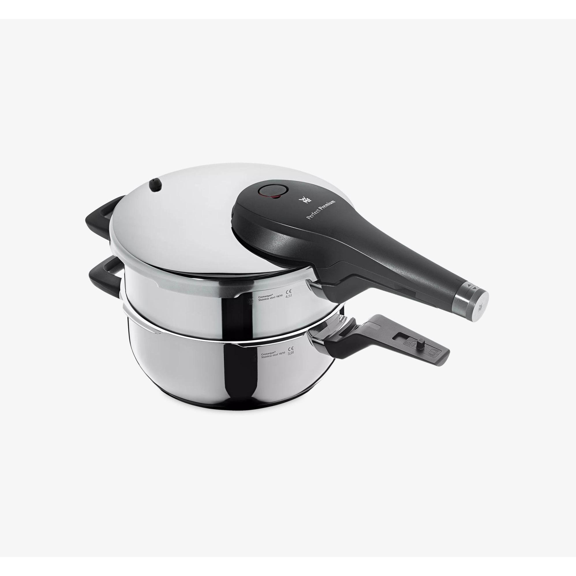 Thumbnail - WMF Schnellkochtopf 3tlg 4,5+3,0l Dampfkochtopf Perfect Premium Induktion, Pfanne + Kochtopf, Silber