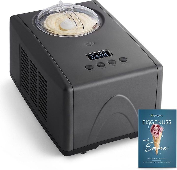 Coperchio con apertura di riempimento, Dosatore, Spatola di plastica, Palline di gelato, Parte agitante, Contenitore per gelato in acciaio inox, Ricettario, Gelatiera con compressore, Cucchiaio porzionatore, Istruzioni per l'uso con ricette, Secchio per il ghiaccio