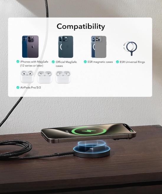 Actual product image ESR Halolock Qi2 Mini Wireless Charger 15W with MagSafe - Black (15 W)