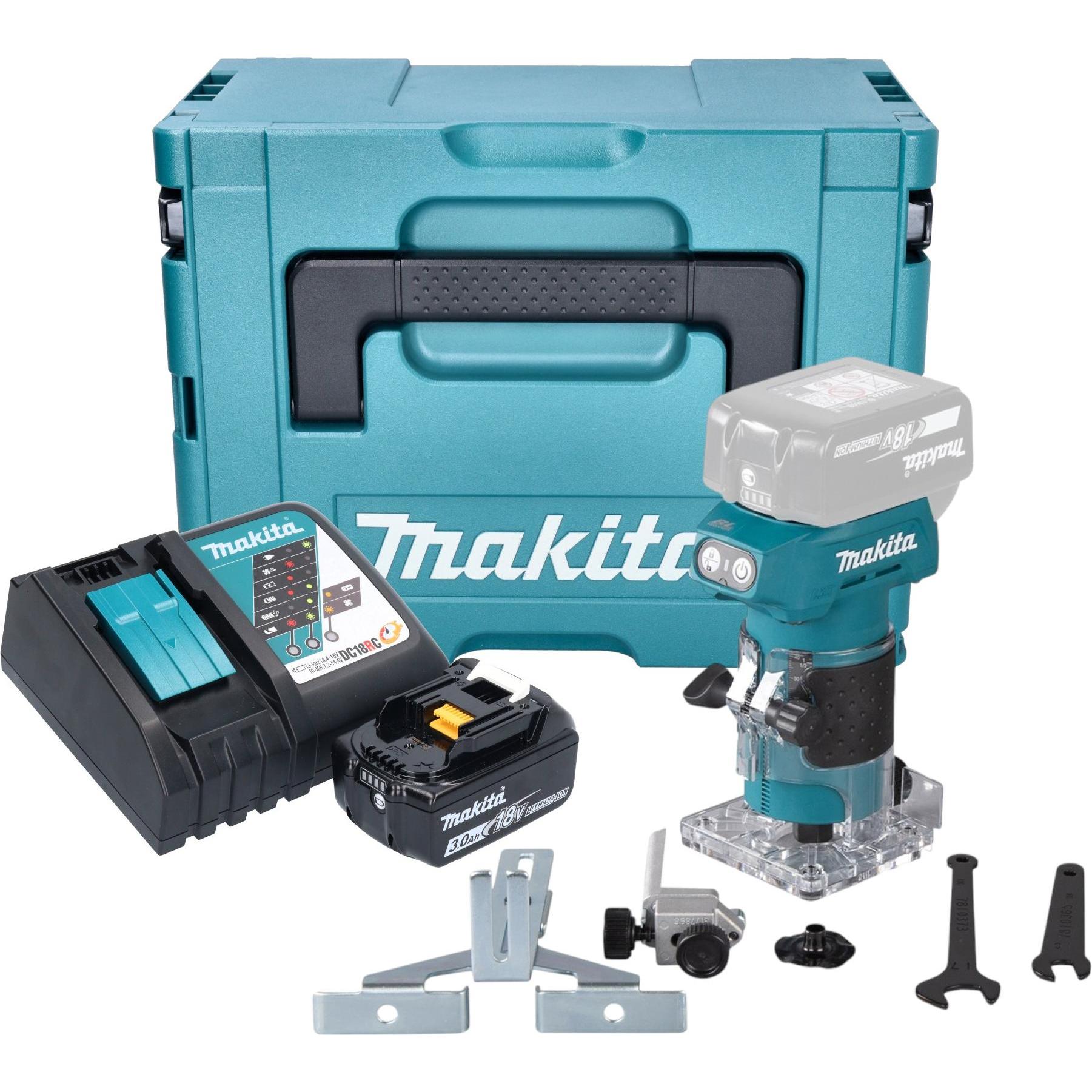 Makita, Fräse, DRT 52 RF1J Akku Kantenfräse 18 V 6 mm Brushless + 1x Akku 3,0 Ah + Ladegerät + Makpac