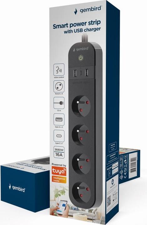 Produktbild Gembird Smart Steckdosenleiste mit USB-Ladegerät 4 französische Steckdosen schwarz (4 x, CEE 7/3, 1.50 m)
