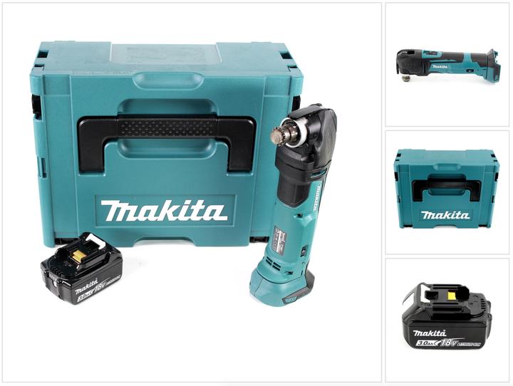 1x Makita DTM 51 18V Li-ion Akku Multifunktion Werkzeug, 1x BL 1830 B 18V - 3,0 Ah Li-Ion Akku, 1x Makita Makpac 3 Systemkoffer, 1x Universal Schaumstoffeinlage für Makpac