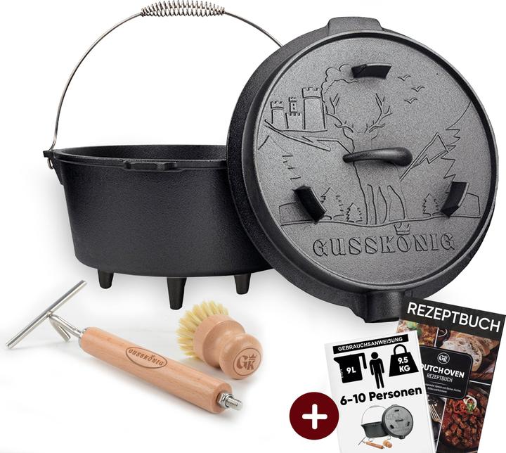 Gusskönig Dutch Oven Set 9 l mit Deckelheber, Bürste