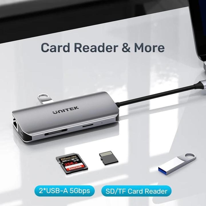 Actual product image Unitek AKTYWNY HUB USB-C 2X HDMI CZYTNIK SD 4K RJ-45 PD 100W 5 GBPS (USB-C, 8 Ports)