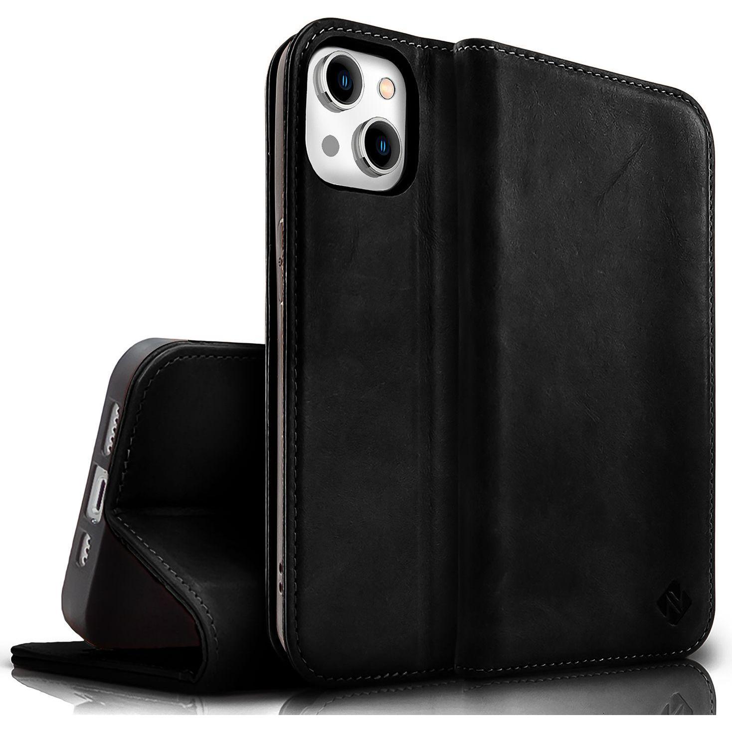 Nalia Echt Leder Flip Case Hülle mit Magnetverschluss (Apple iPhone 15), Smartphone Hülle, Schwarz