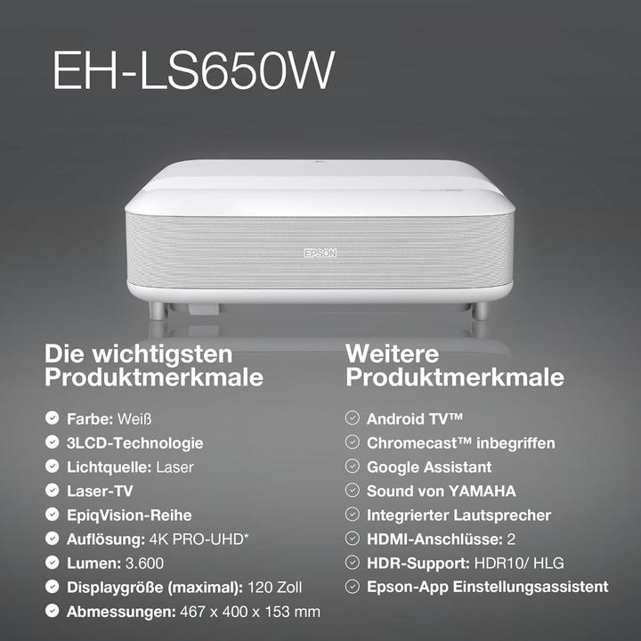 Image du produit Epson EH-LS650W (4K, 3600 lm, 0.25 - 0.62 : 1)