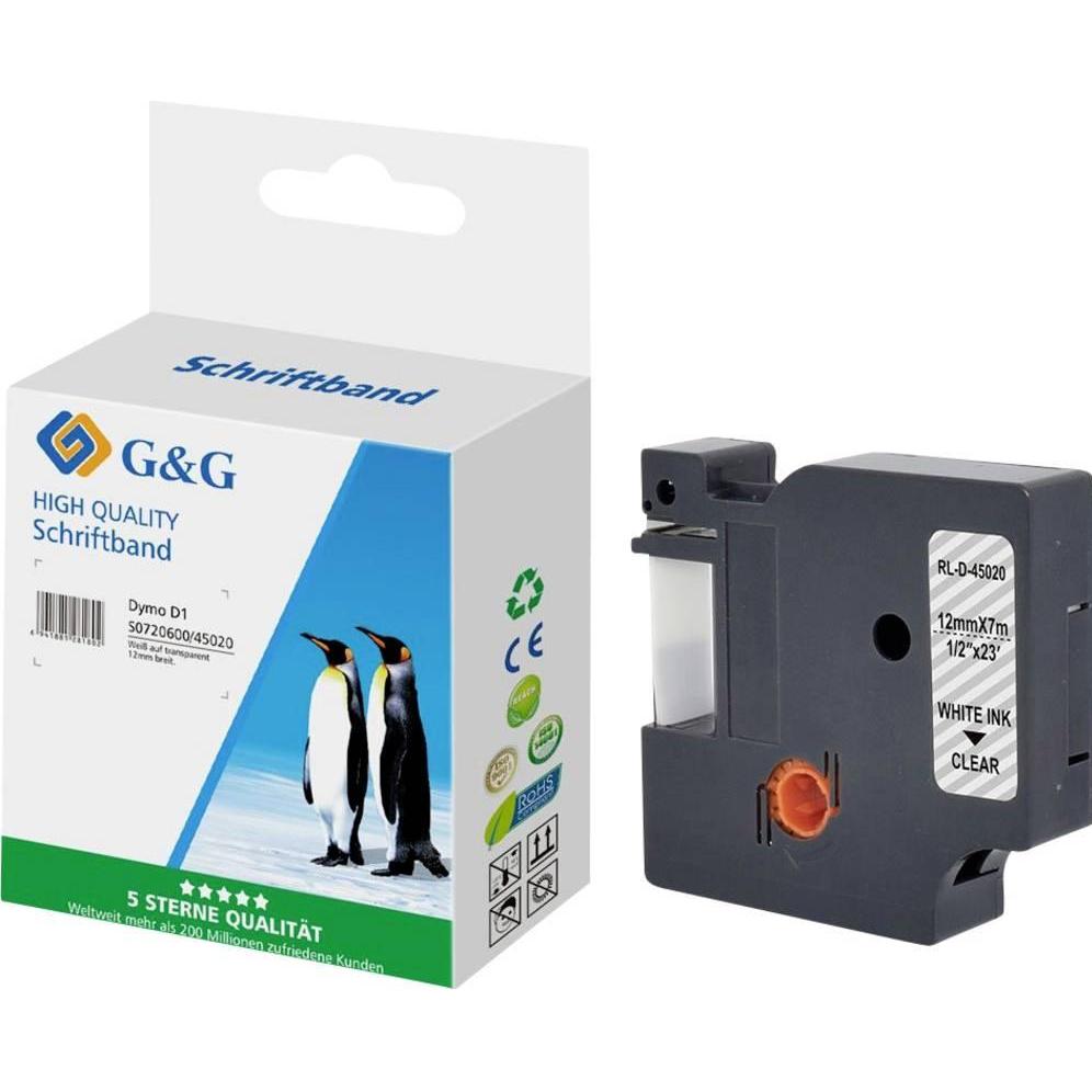 G&G, Nastro di marcatura, Kompatibel mit Dymo D1/ 45020/ S0720600 Schriftband (12mm x 7m) Weiss auf transpa (1.20 cm, Bianco, Trasparente)