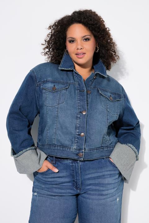 Immagine prodotto Ulla Popken Giacca di jeans con frange, collo da camicia e ampio risvolto sulle maniche (56)