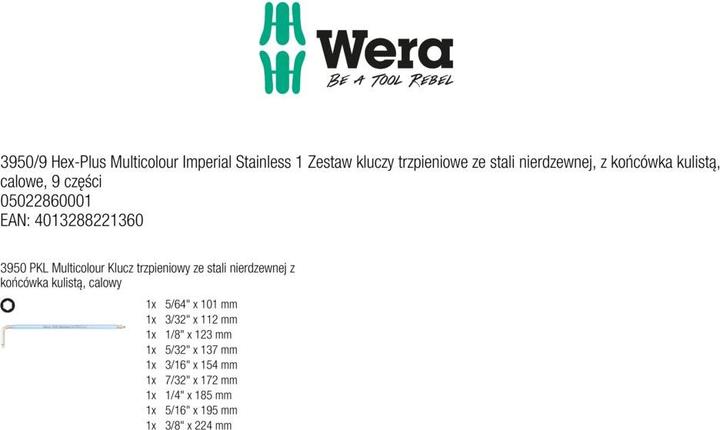 Image du produit Wera 3950/9 Hex-Plus Multicolour Imperial Stainless 1