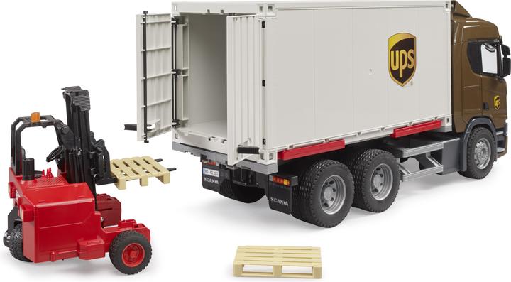 Actual product image Bruder Scania Super 560R UPS Logistics Truck with Truck Mounted Forklift