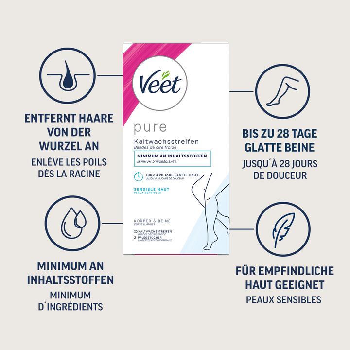 Produktbild Veet Kaltwachsstreifen sensible Haut Pure für Beine & Körper (451.25 ml, 20 x, 76 g)