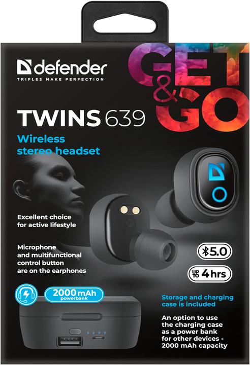 Actual product image Defender Twins 639 Headset Wired & In-ear Calls/Music Micro-USB Bluetooth Black (No noise cancellation, 4 h, Cable)