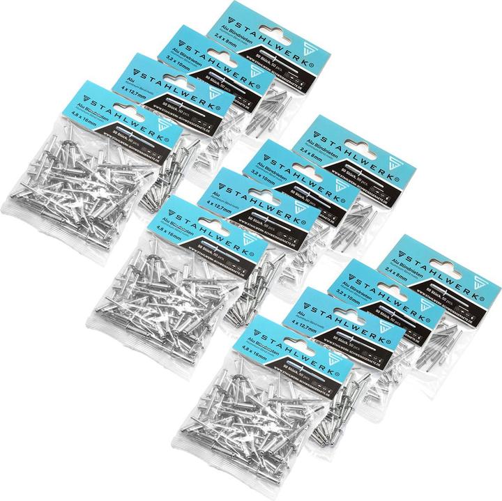 Stahlwerk Alu-Blindnieten 12er Set für Blindnietenzangen je 150 Stück