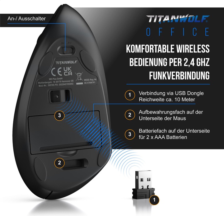 Actual product image Titanwolf Vertical wireless mouse - ergonomic wireless vertical mouse 2.4 Ghz - USB Vertical Mouse - wireless (Wireless)
