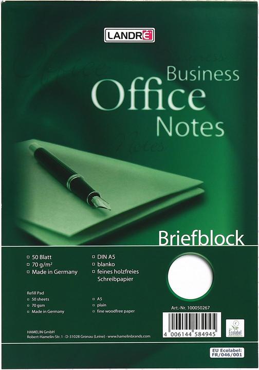 Image du produit Landré Office A5 bloc de papier à lettres collé en tête (A5, Blanc, Couverture rigide)