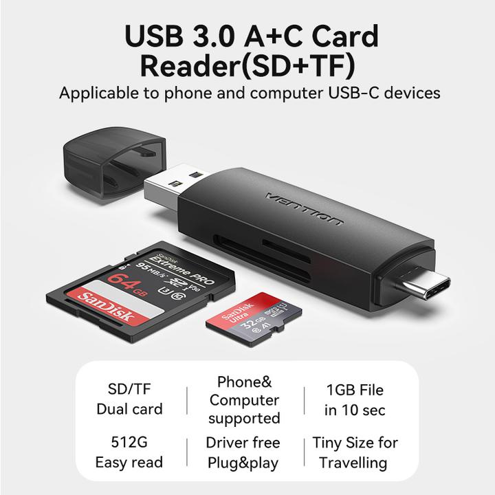 Actual product image Vention 2-in-1 USB 3.0 A+C Card Reader(SD+TF) Black Dual Drive Letter (Type-B)