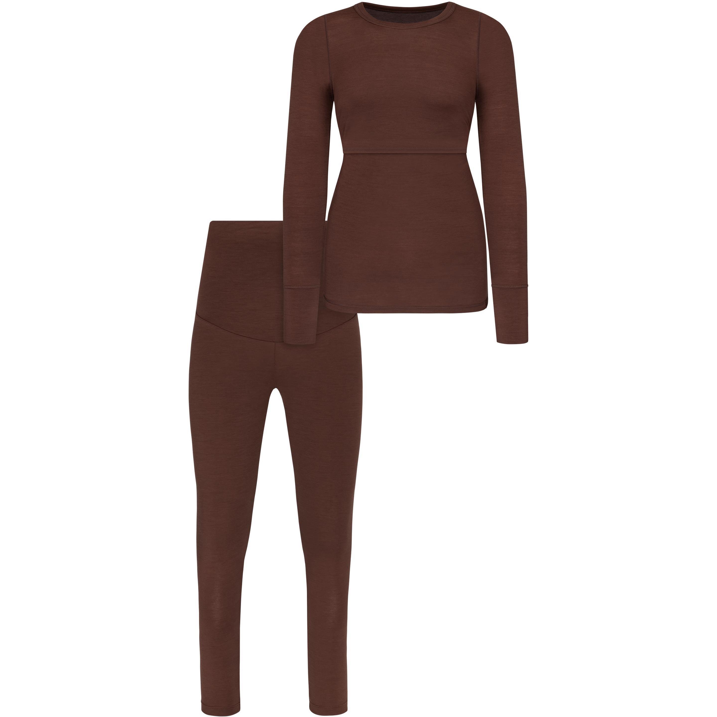 Thumbnail - Normani, Damen, Funktionsshirt, Merino Unterwäsche Umstandsmode Set- Langarm-Shirt und Unterhose - 8795 (S), Braun, S