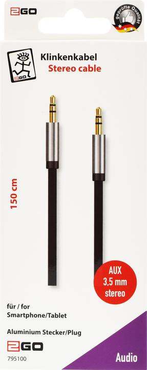 Actual product image 2GO AUX stereo audio cable-black-150cm flat cable (1.50 m, AUX cable)