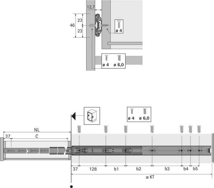 Image du produit Hettich Coulisse à billes KA 5632 Acier galvanisé Longueur nominale 550 mm 45 kg