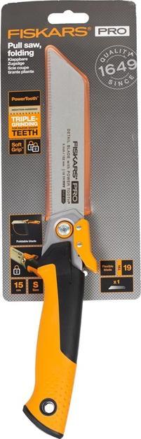 Produktbild Fiskars Pro Klappbare Zugsäge, Sägeblattlänge: 15 cm, 19 TPI, Schwarz/Orange, PowerTooth, 1062932