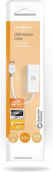 Immagine prodotto Nedis Adattatore USB-A | USB 3.2 Gen 1 | USB-A maschio | RJ45 femmina | 1 Gbps | 0,20 m | Rotondo | Oro (U/FTP, CAT7, 0.20 m)