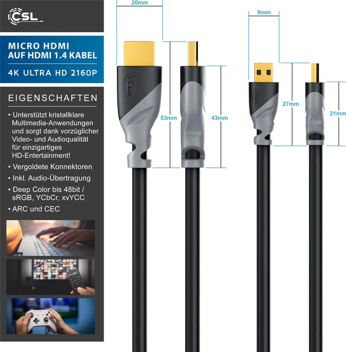 Produktbild CSL Micro HDMI Kabel 2.0 - 4k 60Hz Ultra HD - Full HD - 3D - Ethernet - 1080p 2160p - 3 fach geschirmt (3 m, HDMI)