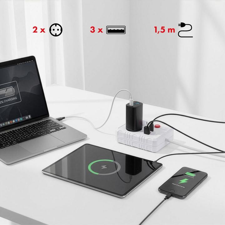 Actual product image Maclean Multiple socket outlet, extension cable, 2 sockets + 3 USB ports (5x, USB-A, 1.50 m)