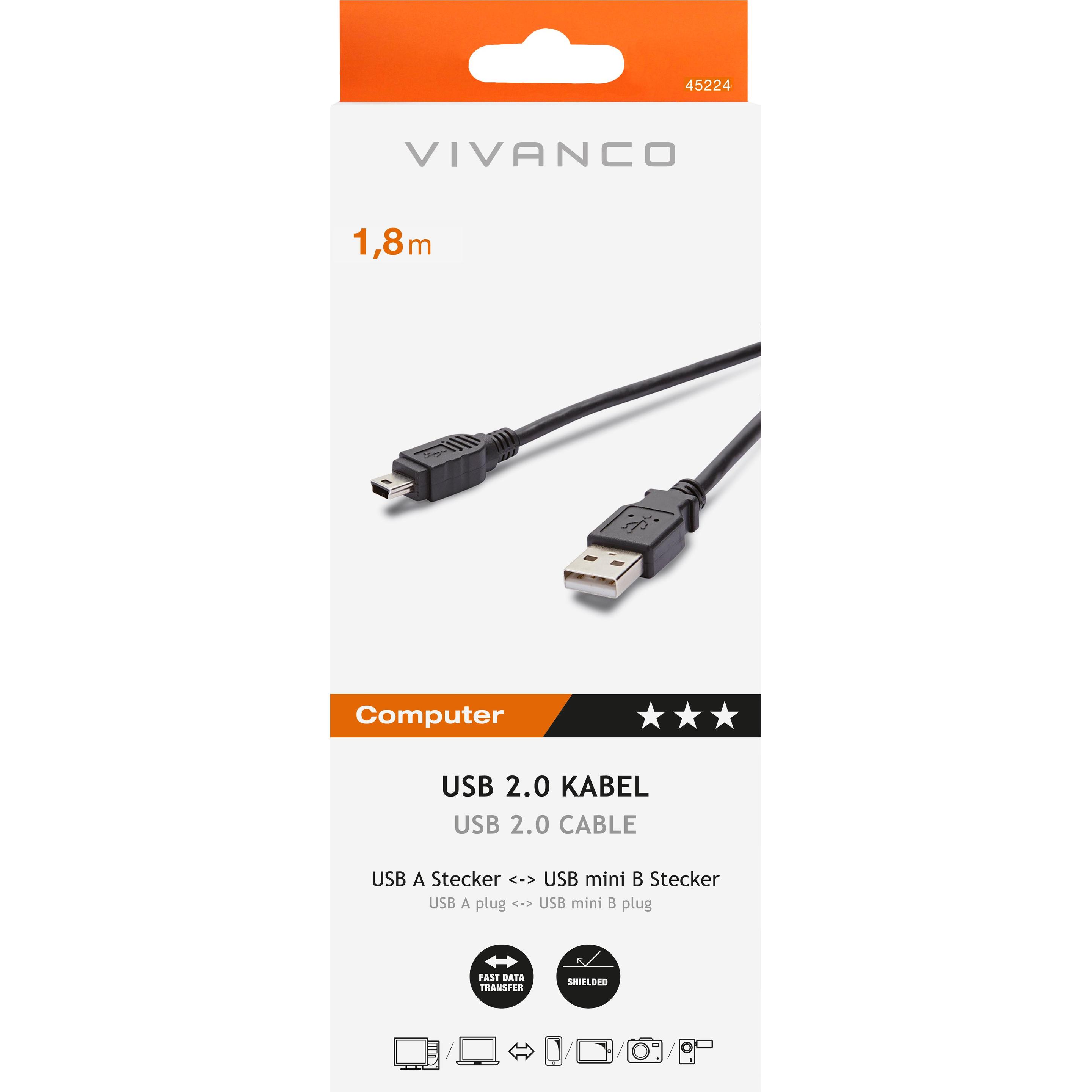 Thumbnail - Vivanco CC U4 USB cable USB 2.0 USB A Mini-USB B Black (1.80 m, USB 2.0), USB Kabel