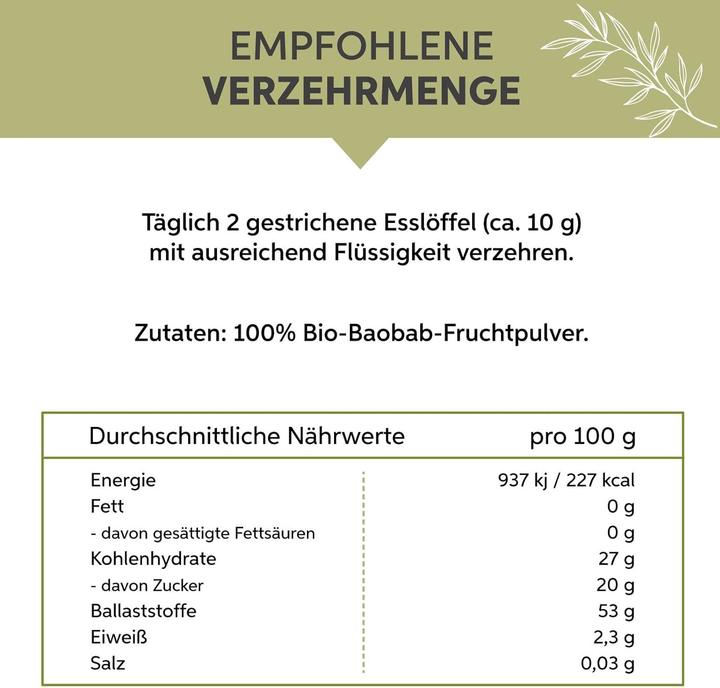 Nährwerte und Zutaten Eltabia Bio Baobab-Pulver | Affenbrotbaum gemahlen | Apothekerbaum in Rohkost Qualität (Pulver, 200 g)