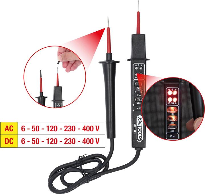 Image du produit KS Tools Détecteur de polarité et testeur pique-câbles avec revêtement isolant 6-400 V (CAT II 1000V)