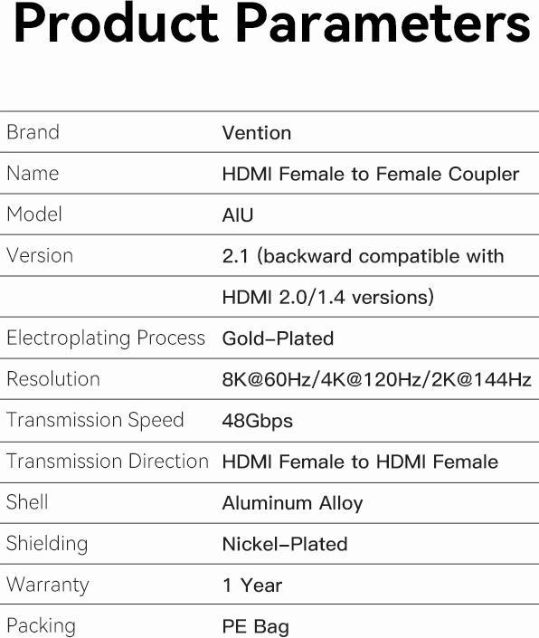 Actual product image Vention HDMI Coupling 8K at 60Hz (HDMI)