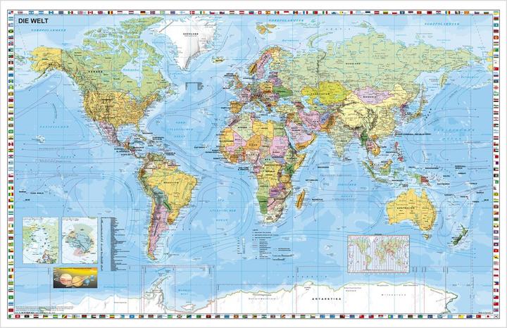 World map german language. Wall map with flag border