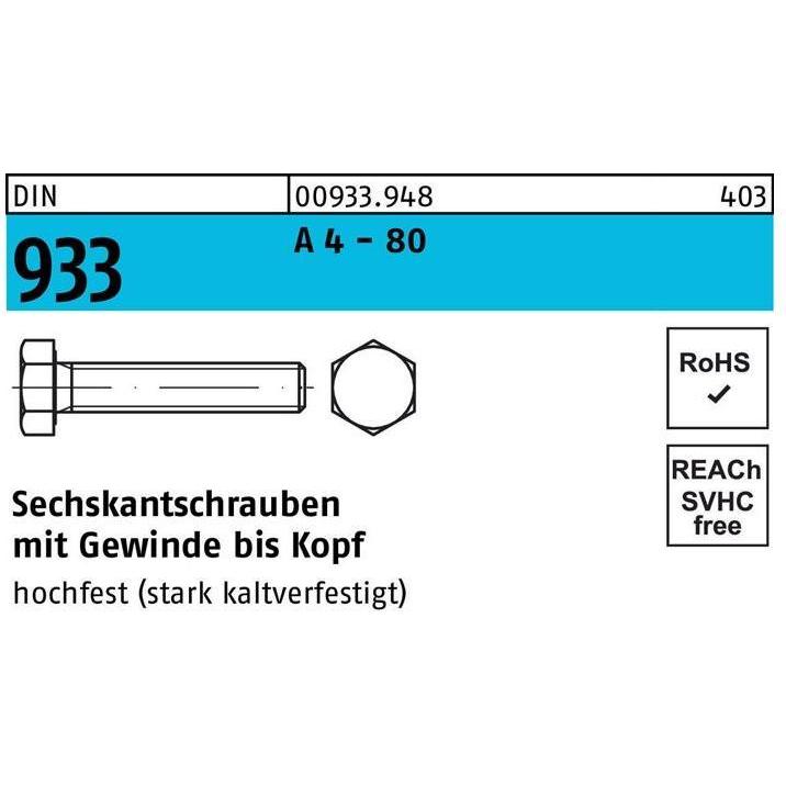 Reyher, Schrauben, Sechskantschraube DIN 933 VG M 8 x 65 A 4 - 80 (100 Schrauben pro Stück)