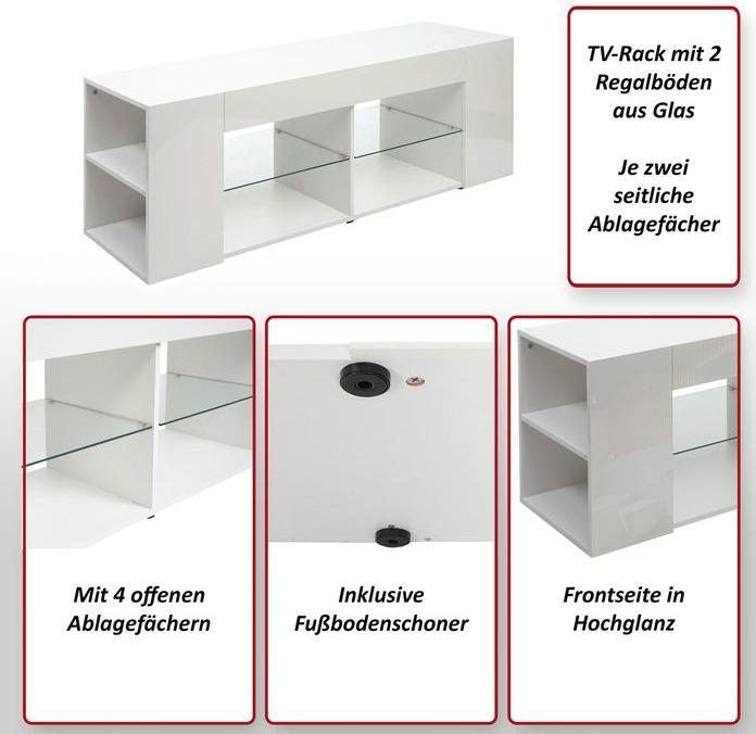 Actual product image Mendler TV rack HWC-L36, wood 50x144x40cm storage compartment, high-gloss white