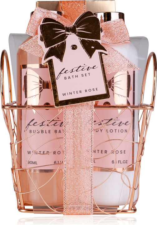 Actual product image Accentra Bath set FESTIVE in square wire basket, incl. 190ml bubble bath, 190ml body lotion, 150g bath salt (Hair care set, Body care set)