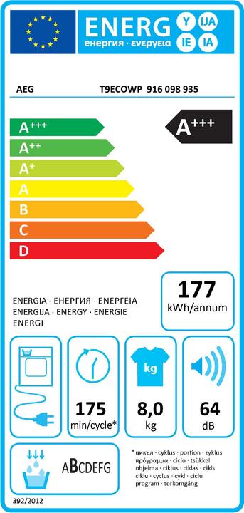 Energie-Label AEG T9ECOWP Füllmenge bis 8 kg, EEK: A+++ (8 kg, Rechts)