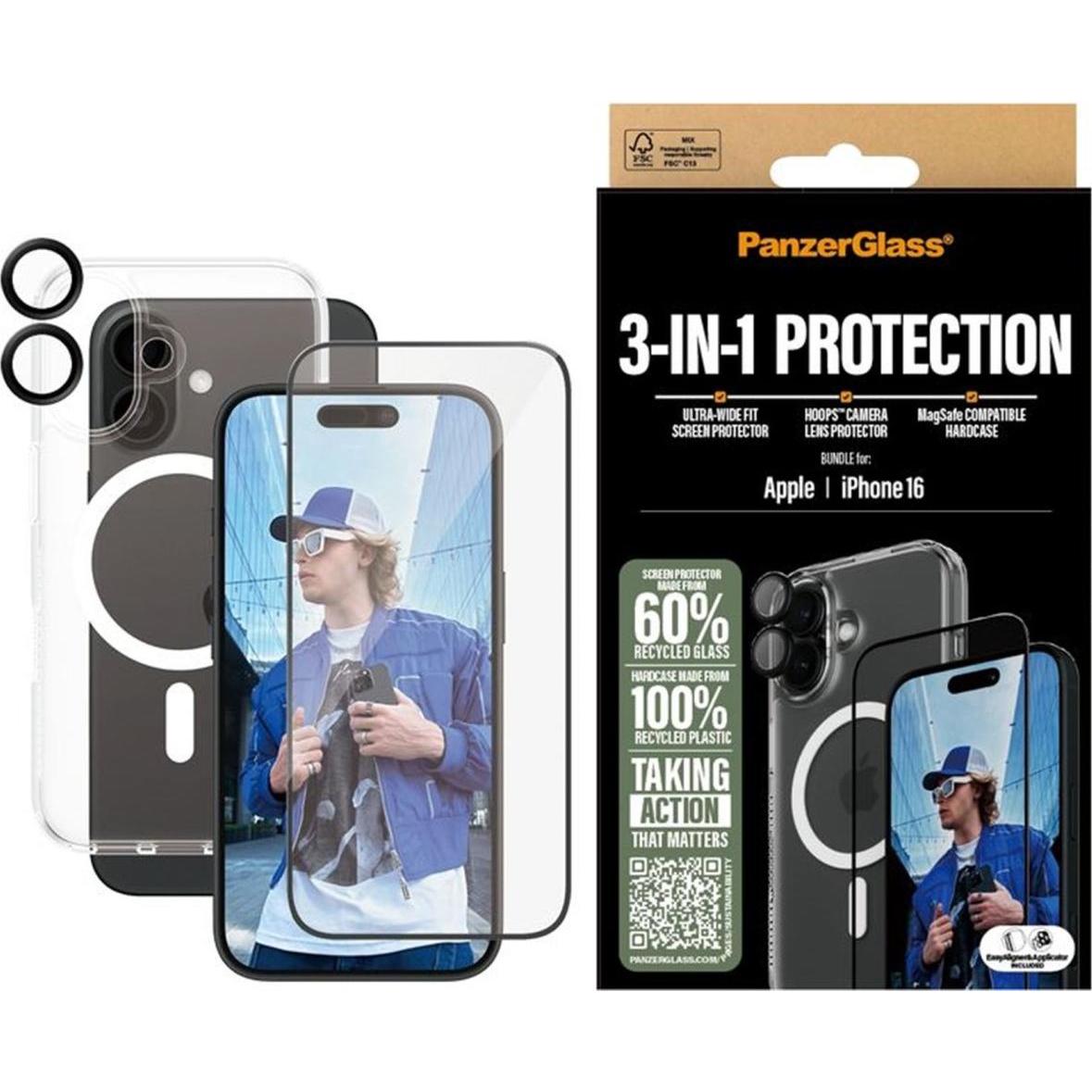 PanzerGlass Bundle Ultra Wide FIt Glass + Case + Lens (1 Stk., Apple iPhone 16), Smartphone Schutzfolie, Transparent
