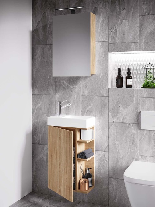 Produktbild VCM 3-tlg Badmöbel Set Gäste WC Gästebad Waschplatz Waschtisch klein schmal Lumia Spiegelschrank