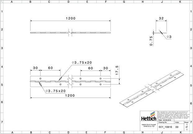Produktbild Hettich Stangenscharnier H 1200 x B 32 mm, Edelstahl, 1 Stck (1 Stk.)