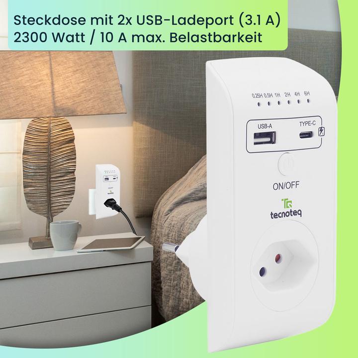 Produktbild Tecnoteq Steckdose mit 2x USB-Ladeport, 3.1 A, Timer, Überspannungsschutz, Swiss-Edition, 3er-Set