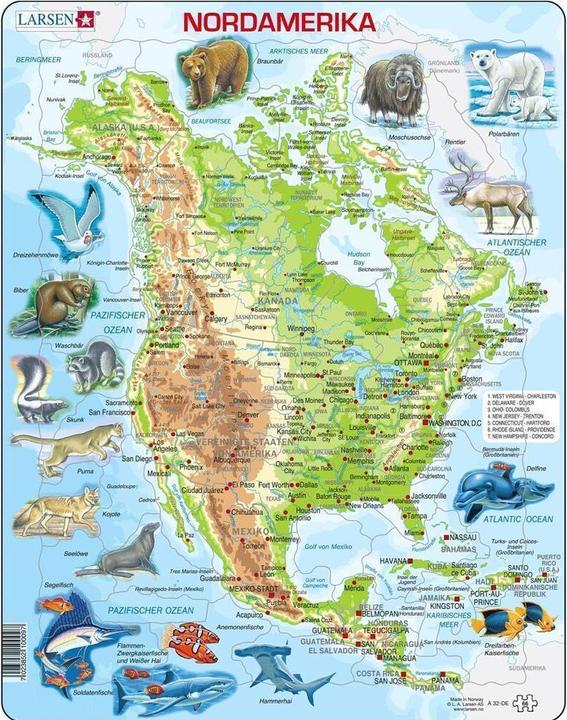Image du produit Larsen Amérique du Nord, carte physique avec animaux (66 pièces)