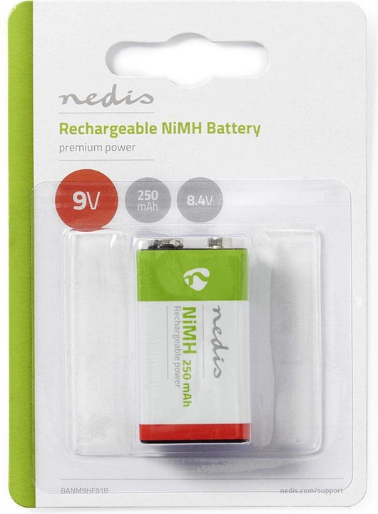 Produktbild Nedis Wiederaufladbarer NI-MH-Batterie E-Block 8.40 V NiMH E-Block Wiederaufladbar 250 mAh vorgelade (1 Stk., 9V Block, 250 mAh)