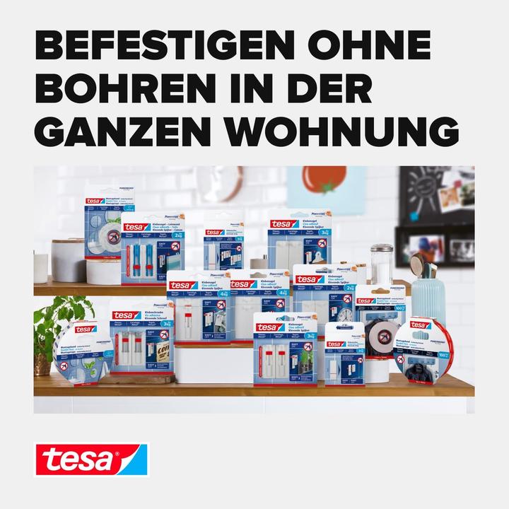 Produktbild tesa Powerstrips für Fliesen & Metall, 2kg Halteleistung, 9x doppelseitige Klebestreifen