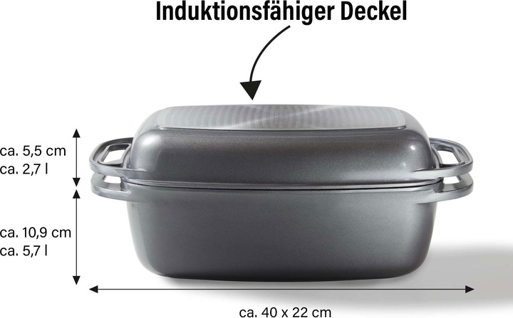 Produktbild Stoneline Bräter 40 x 22 cm mit Deckel, Backofen und Induktion geeignet, Antihaftbeschichtung, grau (Bräter + Schmortopf, Aluminium)