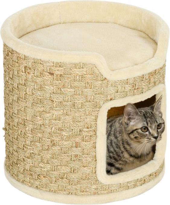 Produktbild Swisshandel24 Kratztonne, 37 cm Hoch Katzentonne mit Tür Kratzbaum mit 2 Ebene Katze bis 5 kg (37 cm, Khaki+Beige)