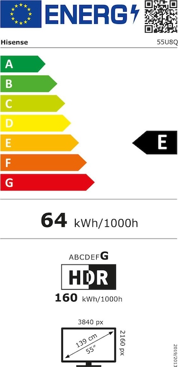 Energie-Label Hisense TV 55U8Q sw Mini LED-TV UHD,Multituner,BT,Smart,120Hz,HDR IQ,DV (55", U8KQ, LED, UHD, 2025)