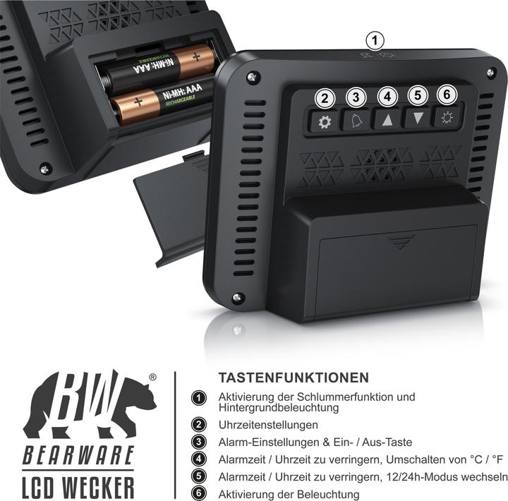 Actual product image Bearware Wecker digital, Reisewecker kompakt mit Temperaturanzeige Schlummerfunktion, Messung Temperatur