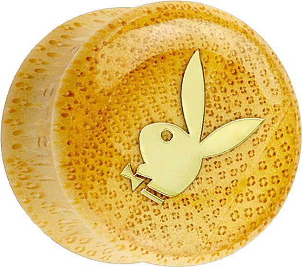 Produktbild Star Piercing Flared Plug aus Bambusholz Playboy Bunny auf goldenem grund (ohne Messing, Mineralisch, Organisch)
