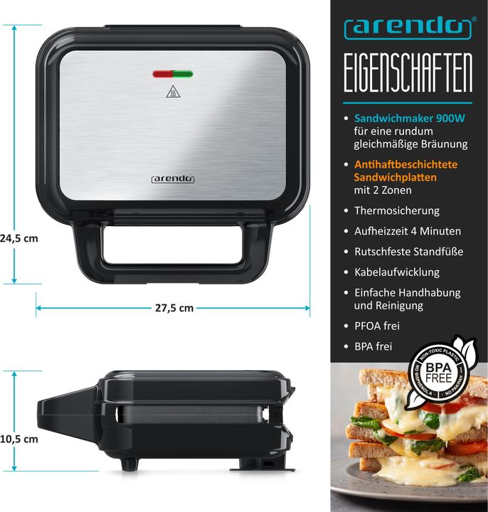 Produktbild Arendo Sandwichmaker 900W Temperaturkontrolle, Cool-Touch, Antihaftbeschichtung, BPA-frei, Kabelaufwicklung