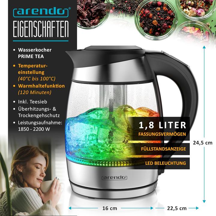 Produktbild Arendo Wasserkocher Prime Tea Typ 2 mit Temperatureinstellung, LED Beleuchtung & Teesieb (1.80 l)